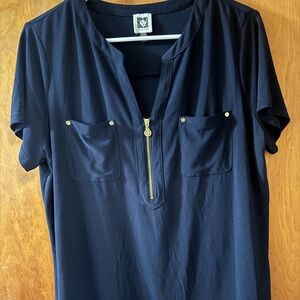 Anne Klein Navy Blouse with Gold Zipper